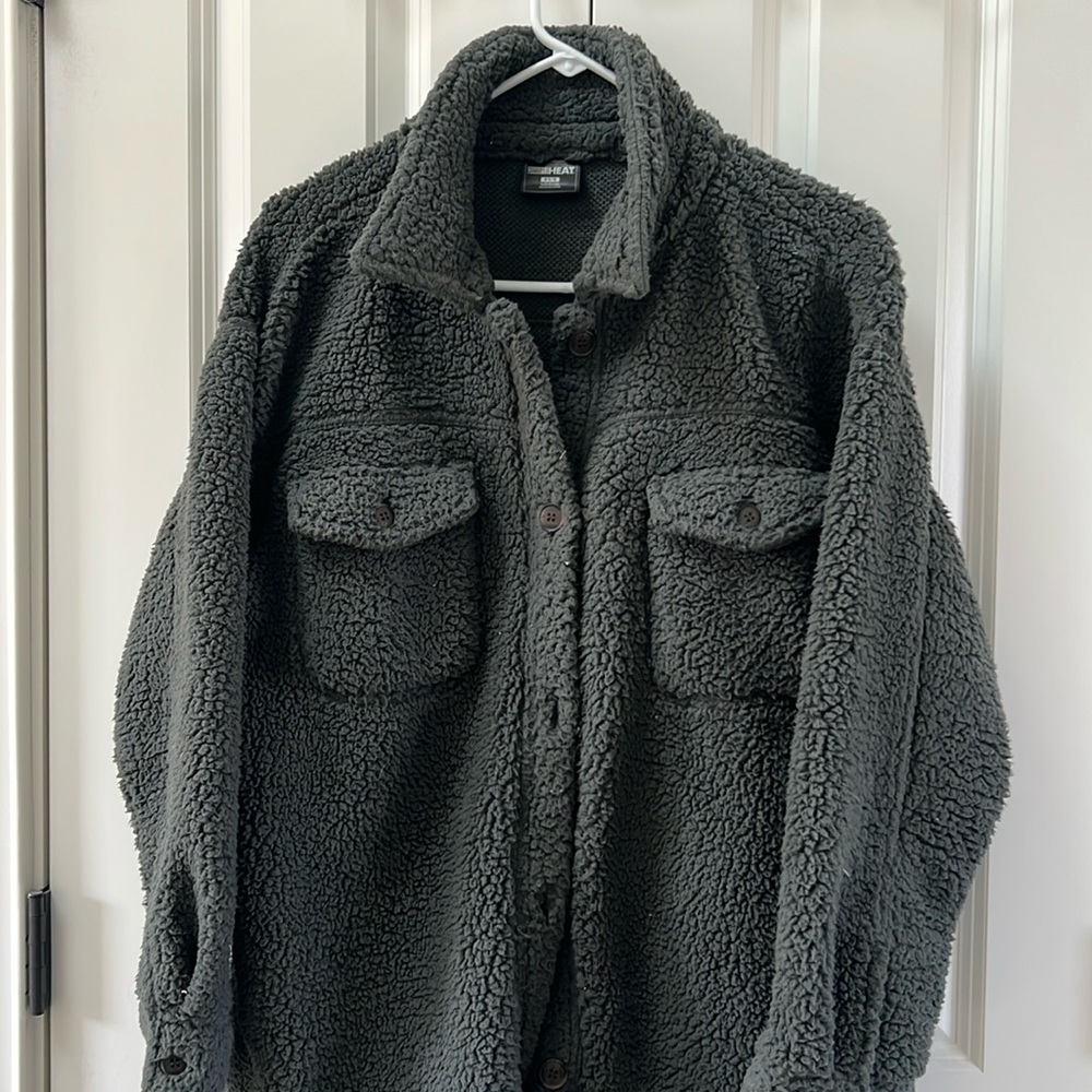 Fleece fluffy dark green button up coat